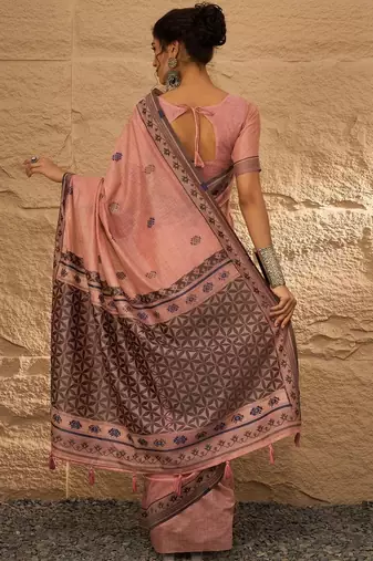 peach ethnic motifs linen khadi saree
