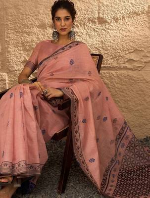 peach ethnic motifs linen khadi saree 4