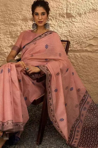 peach ethnic motifs linen khadi saree