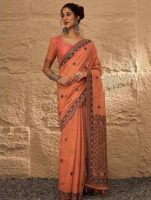 peach woven design linen khadi saree 1