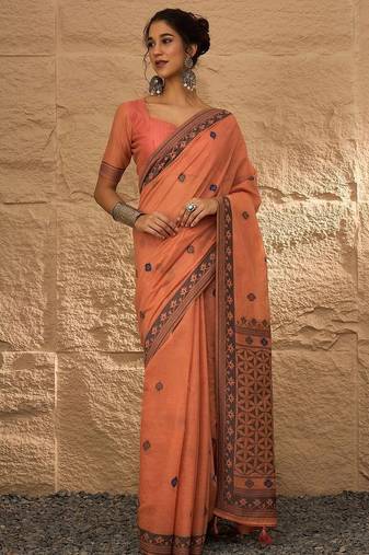 peach woven design linen khadi saree