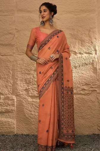peach woven design linen khadi saree