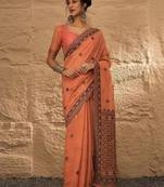 peach woven design linen khadi saree