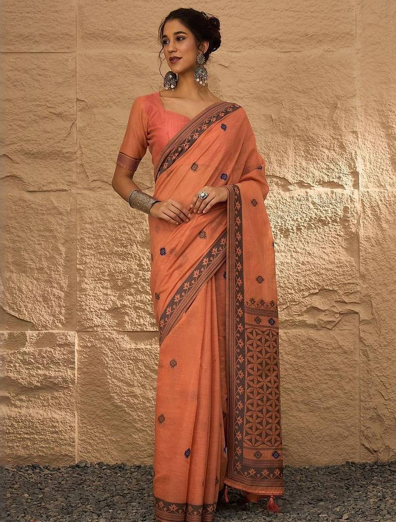 peach woven design linen khadi saree