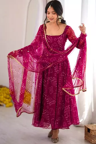 Pink cotton poly embroidered anarkali set