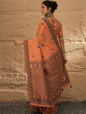 peach woven design linen khadi saree 2