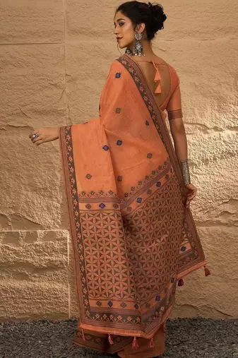 peach woven design linen khadi saree