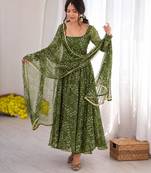 Green cotton poly embroidered anarkali set