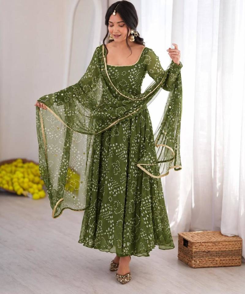 Green cotton poly embroidered anarkali set