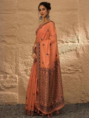 peach woven design linen khadi saree 3