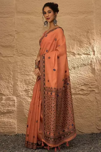 peach woven design linen khadi saree