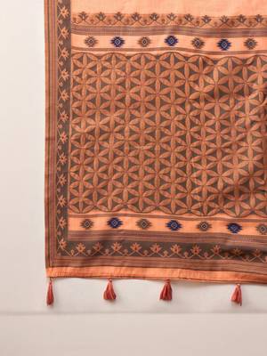 peach woven design linen khadi saree 4