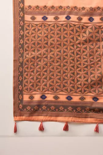 peach woven design linen khadi saree