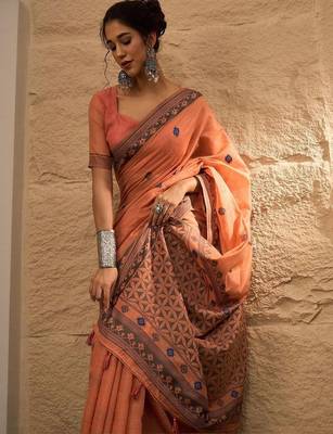 peach woven design linen khadi saree 5