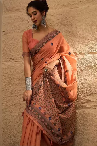 peach woven design linen khadi saree