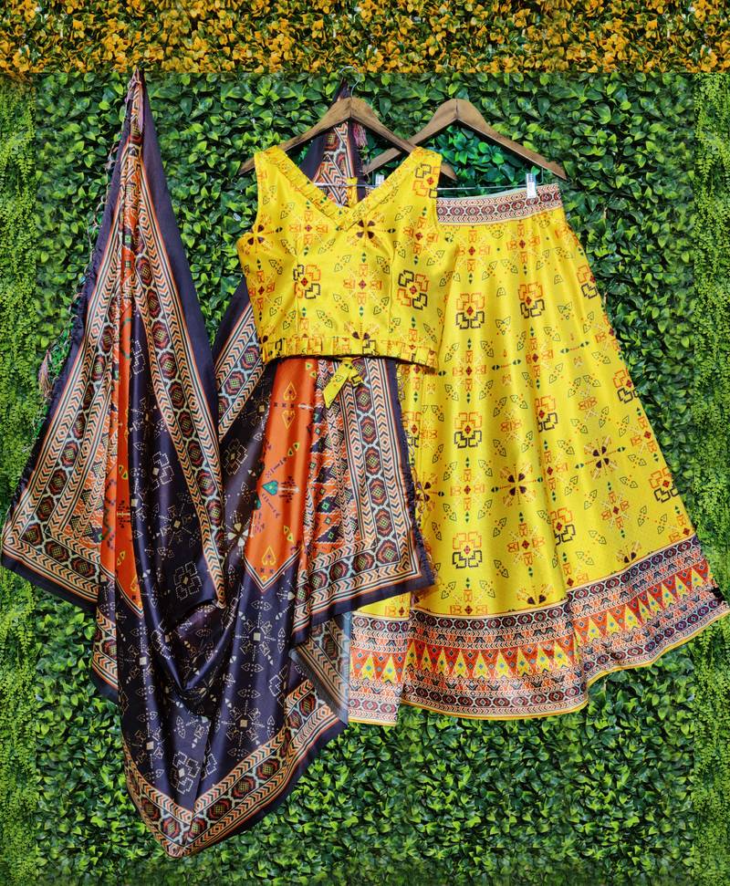 yellow satin lehenga with printed work and silk dupatta