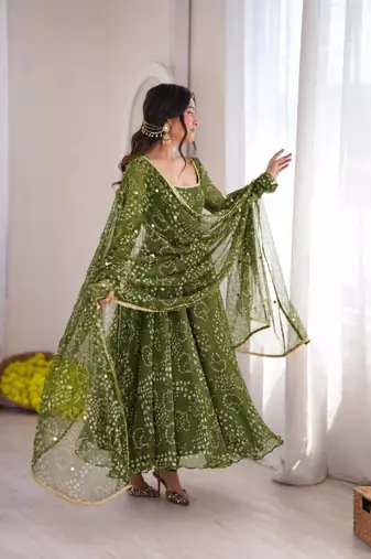 Green cotton poly embroidered anarkali set