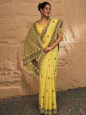 yellow ethnic motifs linen khadi saree 1
