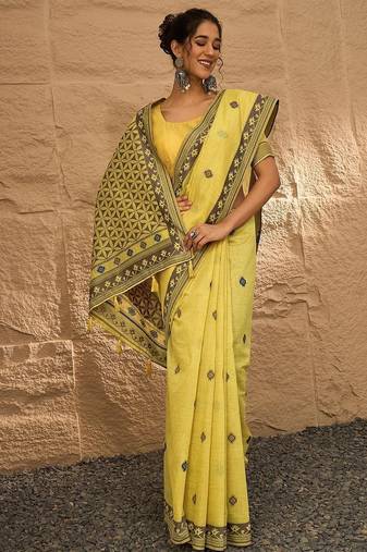 yellow ethnic motifs linen khadi saree