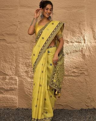 yellow ethnic motifs linen khadi saree 2