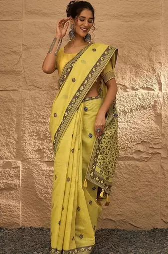 yellow ethnic motifs linen khadi saree