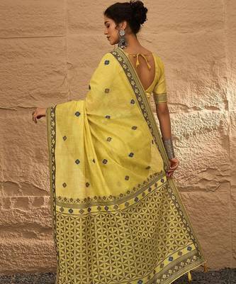 yellow ethnic motifs linen khadi saree 3