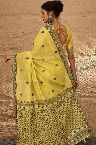 yellow ethnic motifs linen khadi saree