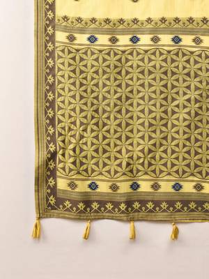 yellow ethnic motifs linen khadi saree 4