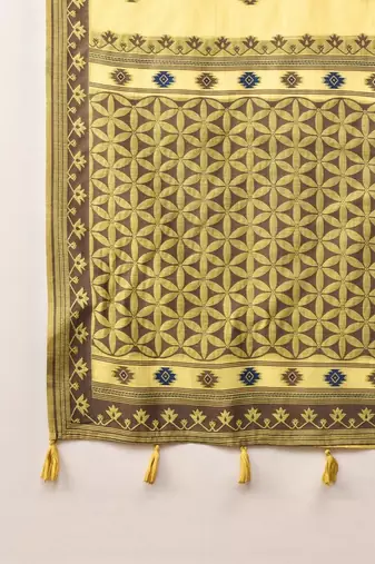yellow ethnic motifs linen khadi saree
