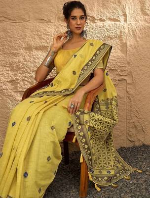 yellow ethnic motifs linen khadi saree 5