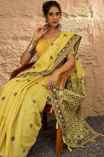 yellow ethnic motifs linen khadi saree