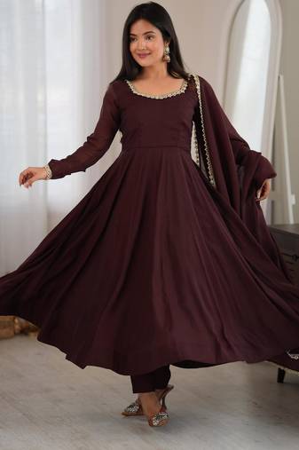 Brown chanderi embroidered flared gown set