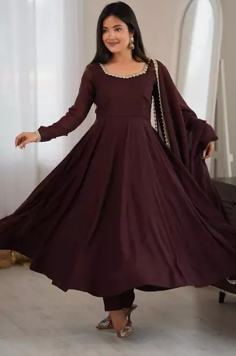Brown chanderi embroidered flared gown set