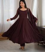 Brown chanderi embroidered flared gown set