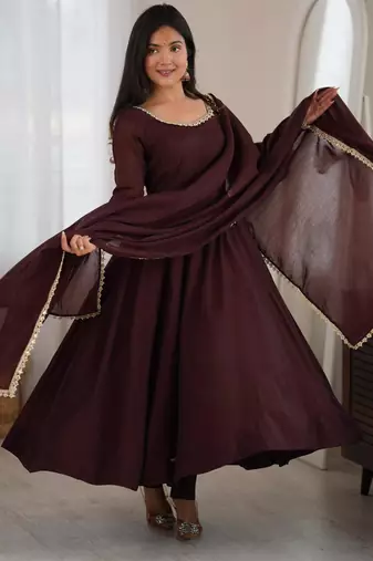 Brown chanderi embroidered flared gown set