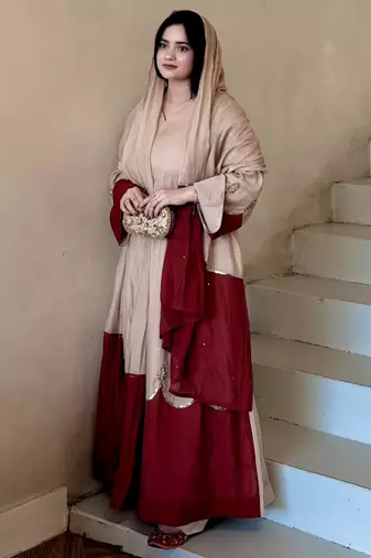 Beige silk blend embroidered palazzo set