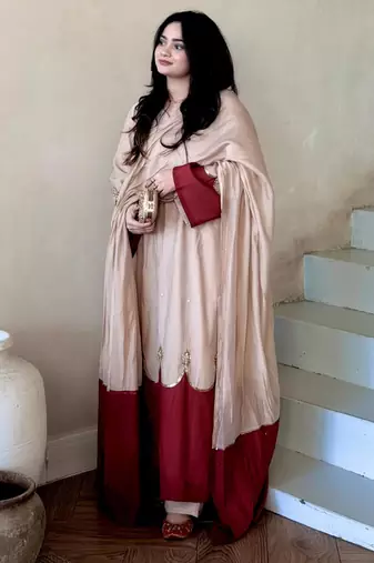 Beige silk blend embroidered palazzo set