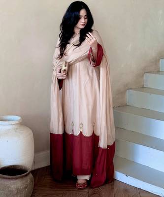 Beige silk blend embroidered palazzo set 3