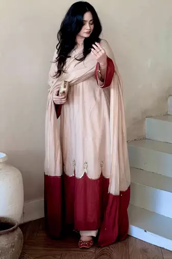 Beige silk blend embroidered palazzo set