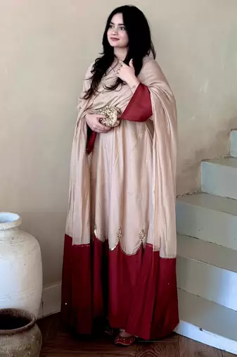 Beige silk blend embroidered palazzo set