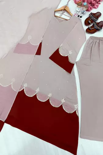 Beige silk blend embroidered palazzo set