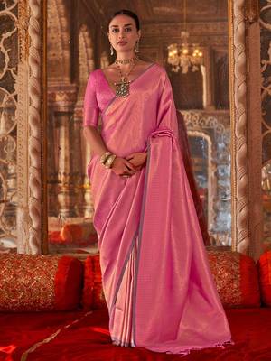 Pink floral zari silk blend banarasi saree 1