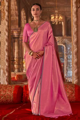 Pink floral zari silk blend banarasi saree