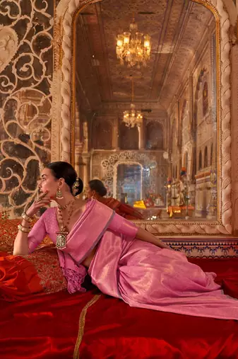 Pink floral zari silk blend banarasi saree