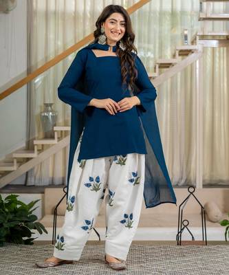 Dark-blue silk blend printed farshi salwar set 1