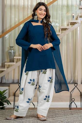 Dark-blue silk blend printed farshi salwar set