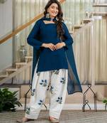 Dark-blue silk blend printed farshi salwar set
