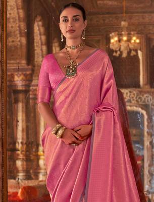 Pink floral zari silk blend banarasi saree 3