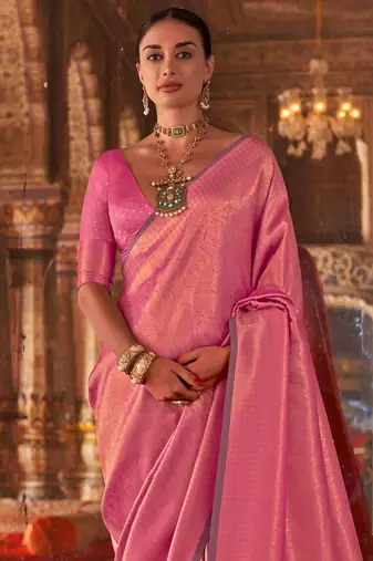 Pink floral zari silk blend banarasi saree