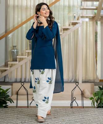 Dark-blue silk blend printed farshi salwar set 2